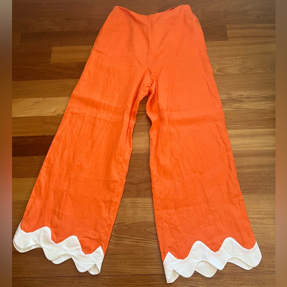 NWOT STAUD Orange and White Linen Scalloped Pants